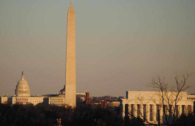 The sun sets over Washington, D.C.