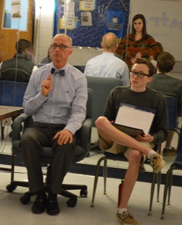 David Spearman (left) and Matthew Reindl and Sarah Rosenhoover rehearsing for Proposals.