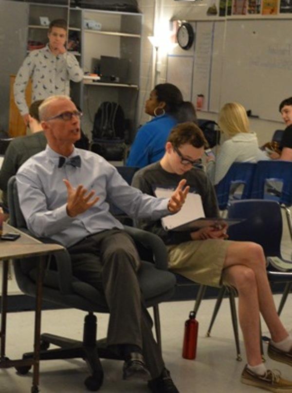 David Spearman (left) and Matthew Reindl watching the actors rehearse for Proposals.