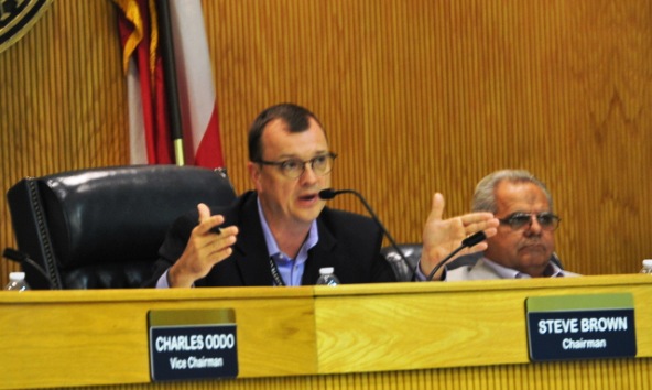 Chairman Steve Brown explains his thoughts about Tessa Stricklands and Khalil Colemans golf cart safety presentation at the Aug. 14 meeting.