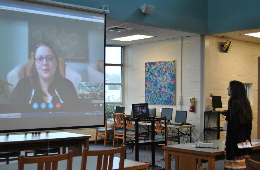 Senior Emily Elling talks about writing tips via Skype with Cristin Terrill, the author of All Our Yesterdays.
