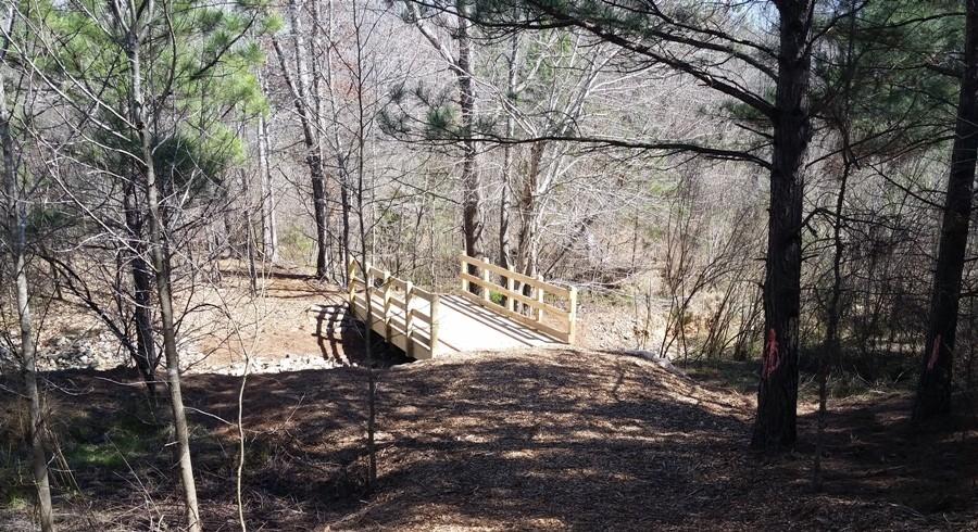 The first bridge in the Beaver Pond nature trail allows students to walk over the reservoir directly behind the student parking lot.  