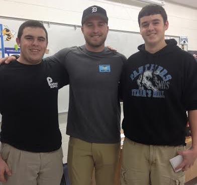 Former Panther Sam Martin (center) returned to his former high school for an interview and met with sports reporters Dylan Hynson (left) and Jack Fletcher.  The Lions drafted Martin with the 165th pick in the 2013 NFL draft. 