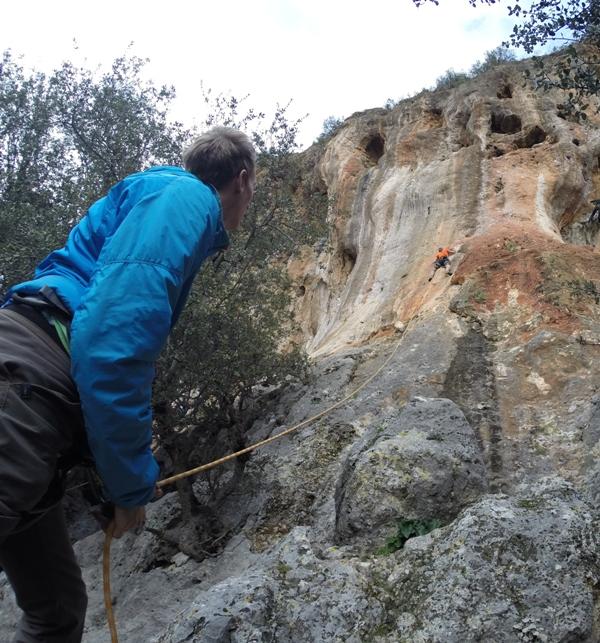 Paul Oberbauer holds on to Lucas Knapps rope as he scales the limestone wall. 