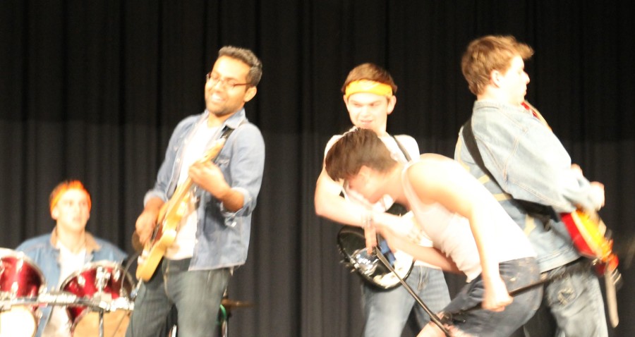 Members of Boys Time Out,  junior Mason Mascara, junior Dhruva Jandhyala, junior Will Sanders, sophomore Carter Rogers, and junior Logan Smith, gave a hilarious performance of an original song, Shockwave. 