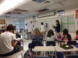 Aug. 26, 2015 - Debate Team captains Darius Copper and Liam O’Connell stand up and ask for ideas related to the new debate topics in preparation for the team’s next competition.  The team travels to Houston County High School on Sept. 12.