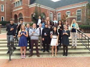 Starr’s Mill award recipients pose with their medals on the steps of Clemson University. They won 18 out of the 19 student awards this year, with a winner in American Sign Language and three winners in multiple languages.