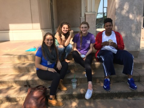 Seniors Hugh Walsh, Anna Hall, Katie MacLauchlan and junior Jordan Bobbitt sit on the steps of the Burd Center on lunch break.  For the two day conference, students could choose a multitude of workshops or shows to attend with two hour lunch breaks each day.