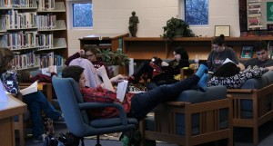 Jan. 29, 2016 - Ex Libris members kick back and relax at the Read-a-Thon. Ex Libris hosts this event annually as a way to raise money for literary charities. This year, students read to raise money for Books for Africa. 