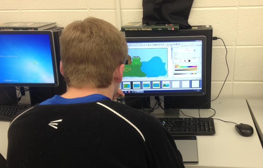Sophomore Cole Gilley looks over his almost-completed “Jeremy Fisher” assessment, finishing up the last minute animations and audio files before submitting the project. The “Jeremy Fisher” assessment puts the students’ Storyboard Pro abilities to the test by requiring them to adapt a children’s book into a digital format. 