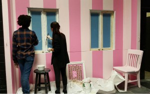 Students paint the windows for the Delta Nu house interior in the Willie Duke Auditorium. Students and parents alike come together every year to assemble Starr’s Mill’s props and sets for the spring musical. “Legally Blonde” will hit the stage this weekend, Friday and Saturday at 7 p.m. and Sunday at 3 p.m. Tickets are sold $10 for students and $14 for adults in the front office. 
