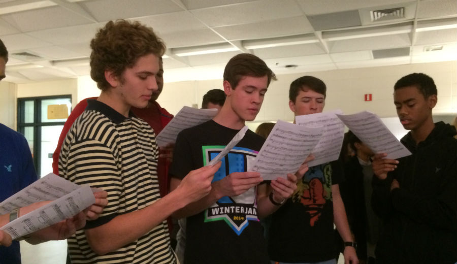 The week of Dec. 7, students stayed after school in order to become more familiar with the choreography and vocals they would have to perform during their auditions. Here, a group of boys sings “Serious” from one of “Legally Blonde’s” opening scenes.