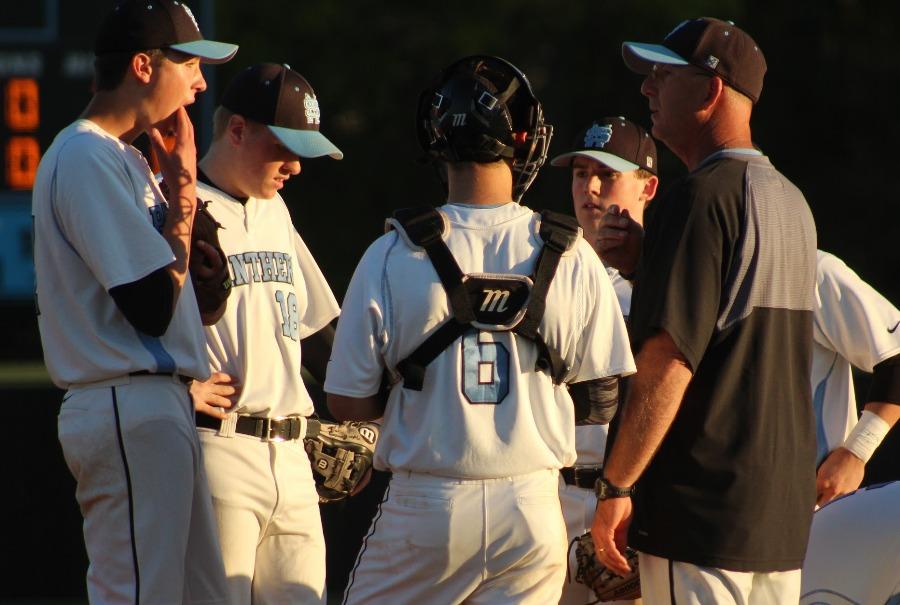 Head coach Brent Moseley calls a meeting to the mound with the pitcher, the catcher and four infielders. After Moseley returned to the dugout, Arnold gave up a three-run home run and the Panthers lost 3-0 to the visiting Vikings.