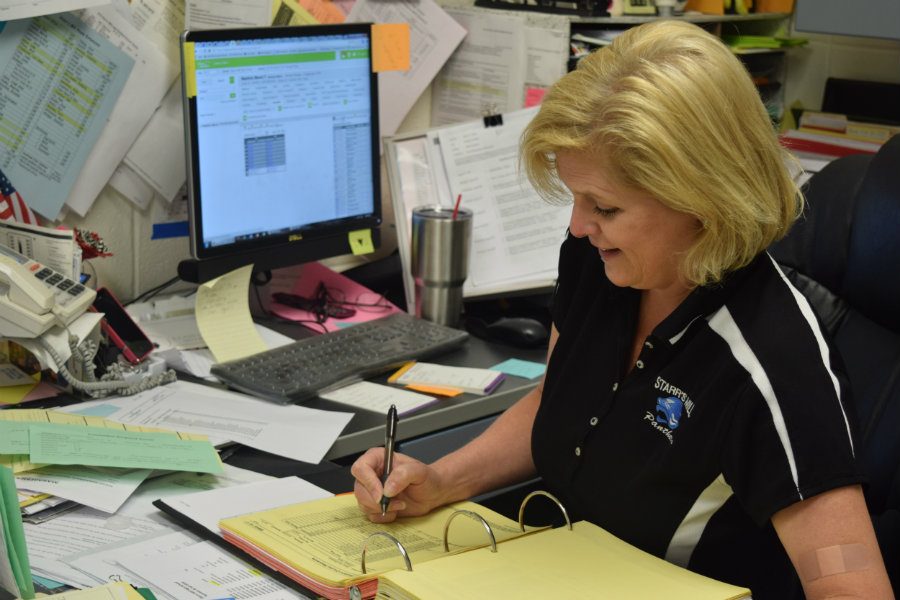 Guidance counselor Paula O’Shields works to register students for next school year.  Registration is just one of the many tasks counselors perform for students throughout the year, but because it is so time-consuming, it often results in students not being able to see their counselors to address other concerns.