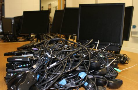 Ready to be collected from the school, the Mill’s outdated computer monitors, mice, and  modules await their removal.  Fayette County plans to move away from stationary computer equipment and toward a long-term, mobile set up.