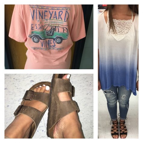 Junior Leah Laskey, wearing a plain top with ripped jeans, models one example of this year's back to school fashion and junior Jessica Hoelle, wearing a big T-shirt and Birkenstocks, models the other common trend. These two students’ outfits make up a majority of the fashions seen around the Mill.