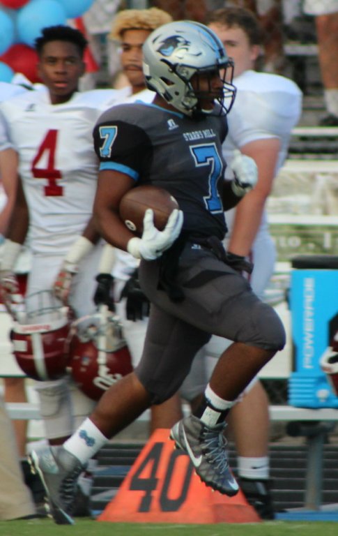 Junior running back and kick returner Nick Brown runs down the sideline during a kickoff return. The Vikings gained 350 rushing yards while holding the Panthers to 183 yards on the ground.