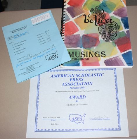 Starr’s Mill’s literary-art magazine MUSINGS was named “Most Outstanding” by the American Scholastic Press Association last year. The ASPA receives high school literary-art magazines each year and judges the magazines based on content coverage, organization, design, presentation, and creativity.