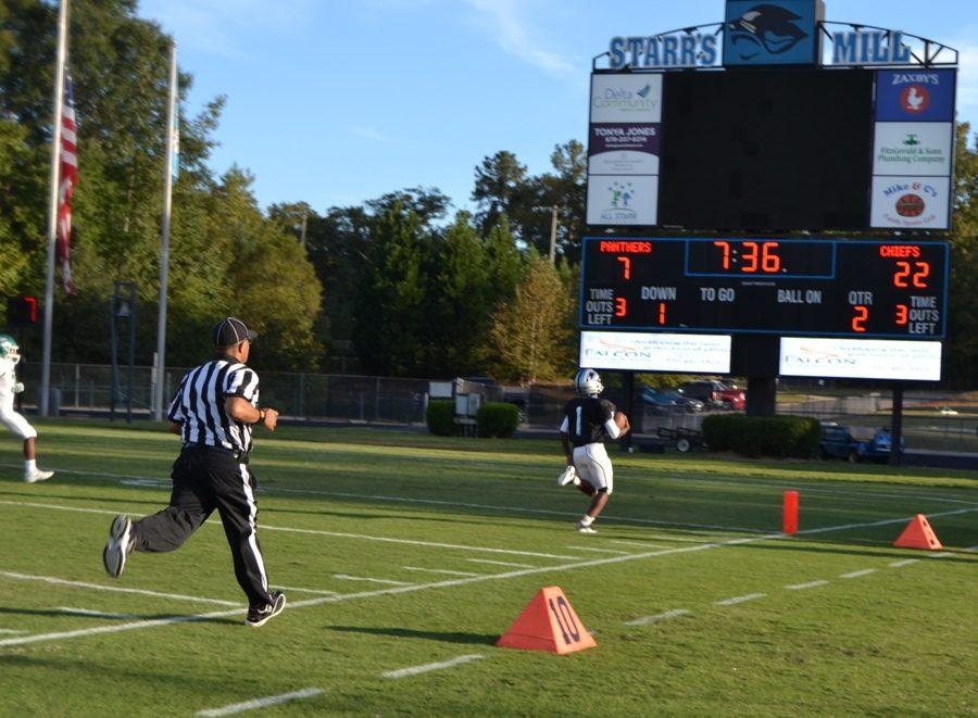 Freshman Kaylen Sims runs in a touchdown for Starr’s Mill. The Panthers dominant run game was led by Sims, racking up six TDs in Starr’s Mill’s 57-42 victory over cross-town rival McIntosh.