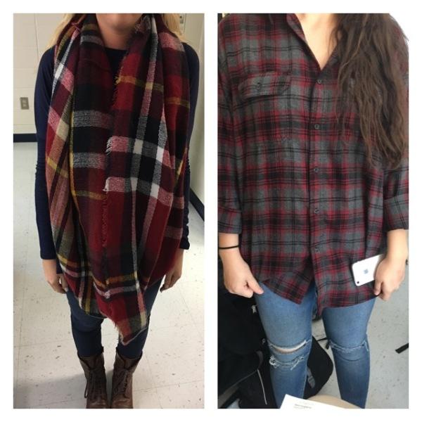 Left: Junior Bailey Powers shows off her blanket scarf, piko top, and boots. 
Right: Junior Bridget Cox wears a cozy and comfortable flannel. Both of their outfits feature fall colors and keep them warm on cool fall days.