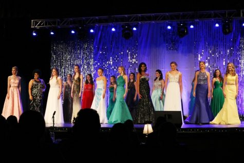 All 18 contestants stand on stage in the Willie Duke auditorium for the announcement of awards and the crowning of the 2017 Miss Starr’s Mill. “Consistently, the girls say that after participating in the pageant they have more confidence,” math teacher and pageant organizer Emily Willis said. 