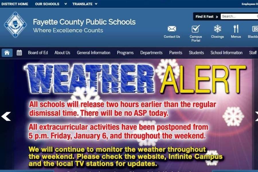 A screenshot of the Fayette County Board of Education’s webpage alerts parents and students to the changes in scheduled activities for Jan. 6.  The potential of an upcoming snow storm throughout the southeastern U.S., forced the cancellation or postponement of many events at Starr’s Mill, including the annual Miss Starr’s Mill Scholarship Pageant. 