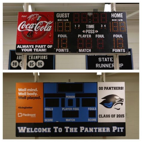 Along with the renovations taking place for Starr’s Mill’s 20-year anniversary, several other upgrades have been planned, including replacement of the original scoreboards (top) in the gymnasium.  The Parent Teacher Student Organization, the class of 2015, and the Mill’s athletic department have provided funding for new scoreboards (bottom).