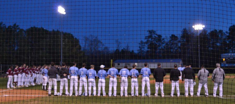 The varsity Panthers lineup on the first base foul line before first pitch against Whitewater. The Panthers looked to sweep the Wildcats after winning the first game 8-1 and the second game 5-2.
