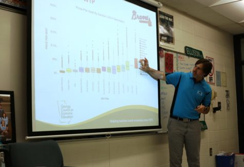 Dr. Chris Cannon, program manager for the Georgia Council on Economic Education, teaches Walt Ellison’s fourth period economics class about how tickets were priced at Turner Field and how they will be priced at Suntrust Park. Cannon reveals the economics behind the Atlanta Braves, one of GCEE’s biggest partners. 