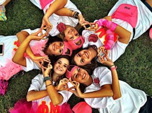 Mississippi State’s Phi Mu sorority pose together for Derby Day. This annual charitable event takes place in the campus square where Phi Mu sorority members compete in sporting activities. 