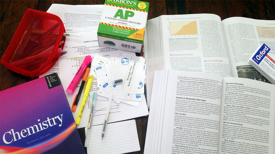 This work space shows the tools many Advanced Placement students use to navigate their coursework and exams. While saving work to be completed at the last minute may sometimes work, exercising organization and time management skills will prevent stress and be more rewarding in the long run.