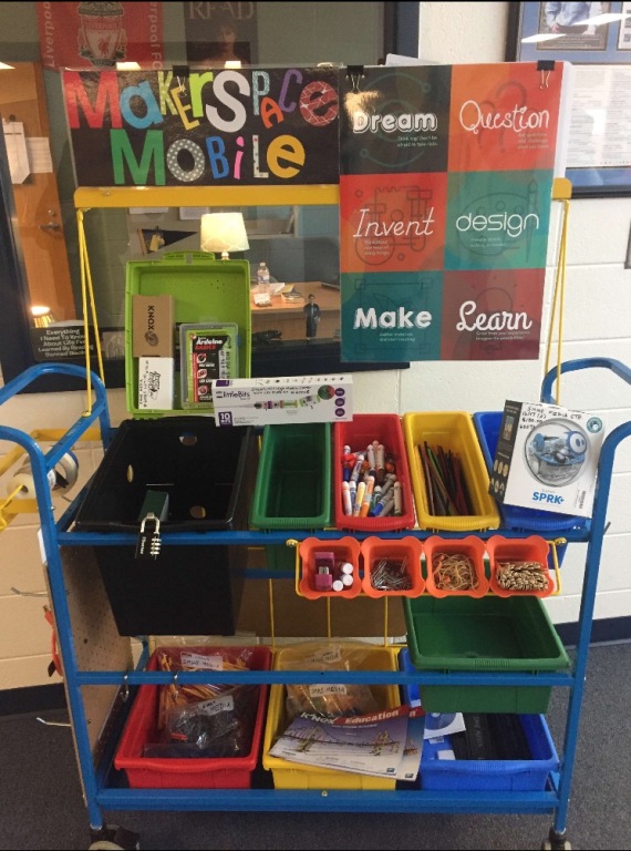 The makerspace cart is located in the media center and contains different activities for students to do including robotics, 3D printing, and experimentation with a variety of electronics.