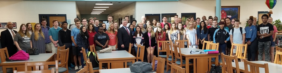 Students from Mark DeCourcy’s and Walt Ellison’s economics classes pose for a photograph with Representative Drew Ferguson.  Ferguson met with the students to discuss modern economics and political concerns. 