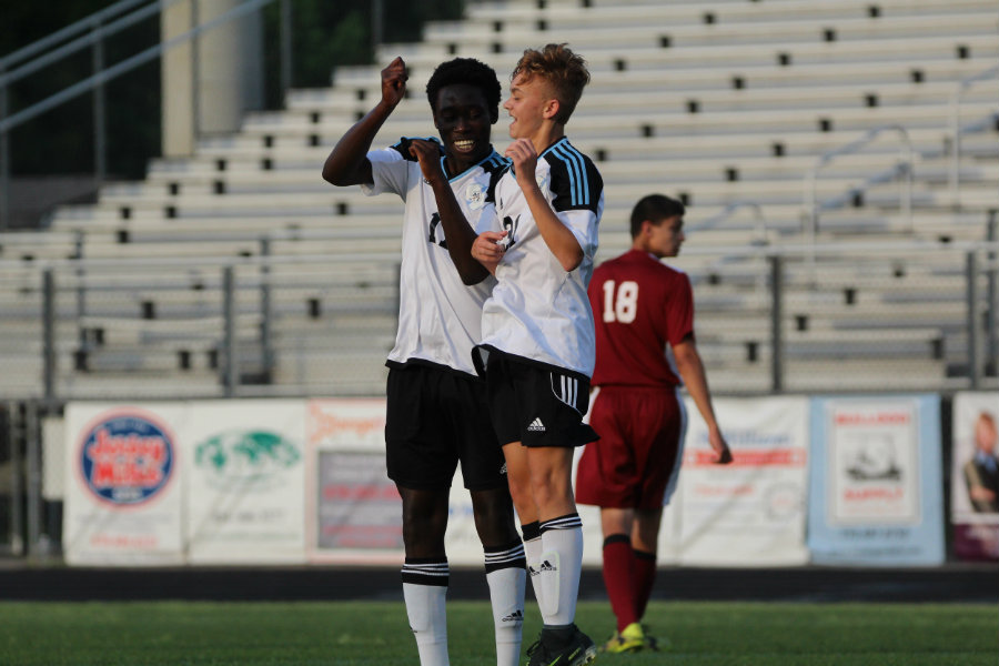 April 28, 2017 - Two varsity soccer players celebrate after scoring a goal during a game against Warner Robins. The boys won with a final score of 11-1, ending the game by mercy rule. 
