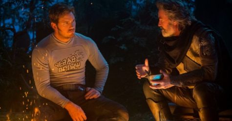 Peter Quill (Chris Pratt) and his father, Ego (Kurt Russell), meet for the first time next to the guardians’ broken down ship. Quill’s skeptical attitude toward Ego plays a key role in the plot of this film and adds to the mysterious unknown nature of the movie series.  