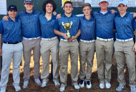 Panther golfers pose with a first place trophy at the West Hall Invitational in Chateau Elan. Starr’s Mill won six of the seven tournaments the team competed in, including the region championship.