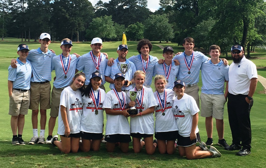 Both golf teams pose with head coach Burt Waller and the state championship trophy after the final hole on Tuesday. Starr’s Mill closed out their season with a sweep of the AAAAA state tournament, with senior Jocelyn Gao taking home the girls’ individual state title.