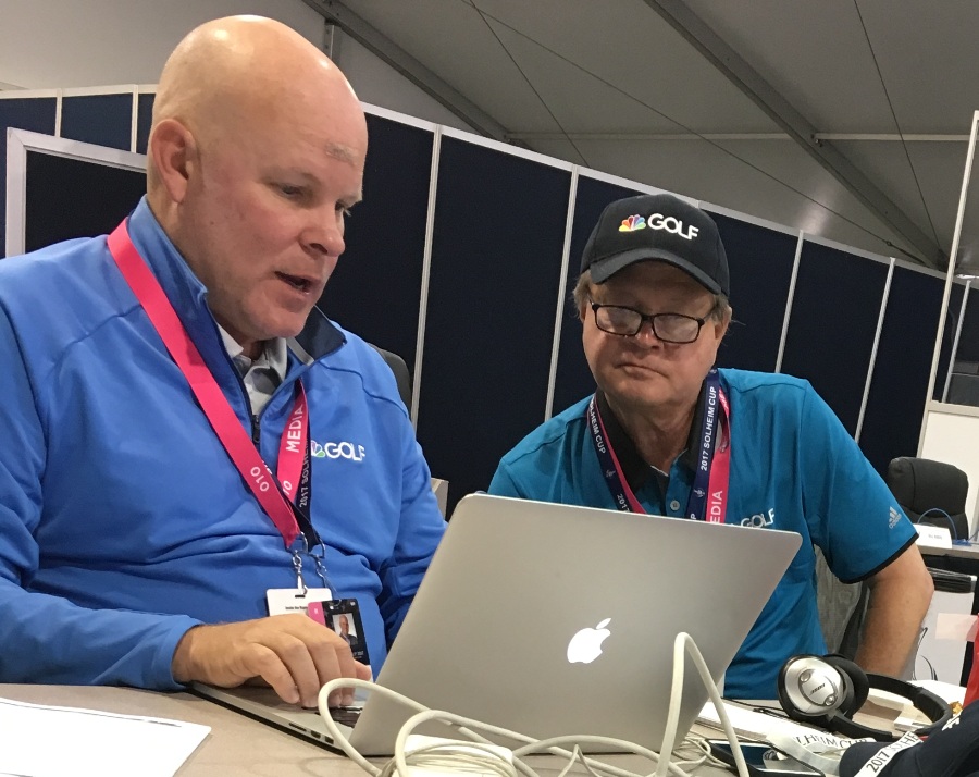 Two media members collaborate on a story covering the 2017 Solheim Cup in Des Moines, Iowa. Student journalists can learn how to improve their writing by talking to professional writers who have years of experience in the media world.
