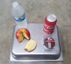 An unhealthy snack option of a cupcake and a Coke placed next to the healthy alternative of an apple and a water. Decisions between these two snacks are hard to make, because students value taste over nutrition. 