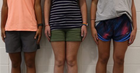 Students line up to test the length of their shorts. Many students are called out of class or stopped in the hallways by administrators to determine if they are abiding by the dress code. 