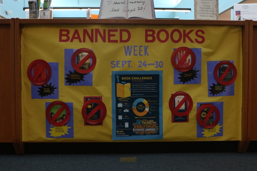 A banner hangs in the media center advertising next week’s banned books competition. The competition is open to the whole school. Prizes will include gift cards and even credit toward media center purchases.