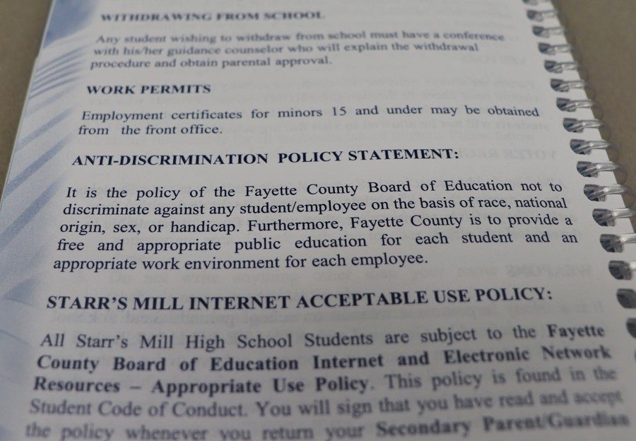 The student anti-discrimination policy is found on page 30 of the Starr’s Mill High School student agenda. Though the policy is technically inclusive, it neglects to differentiate between sexuality and gender.