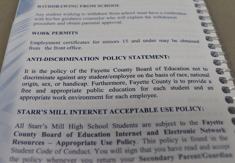 The+student+anti-discrimination+policy+is+found+on+page+30+of+the+Starr%E2%80%99s+Mill+High+School+student+agenda.+Though+the+policy+is+technically+inclusive%2C+it+neglects+to+differentiate+between+sexuality+and+gender.