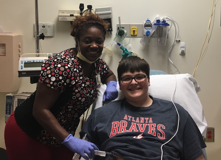 Former Panther Trevor Fort in the hospital for his treatments. Trevor received chemotherapy for three and a half years, and finished on July 9, 2017.
