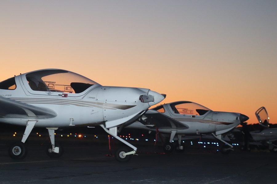 A line of planes sits on the runway at Falcon Field. Planes such as these are what many of the students involved in the Panther Squadron have experience flying.