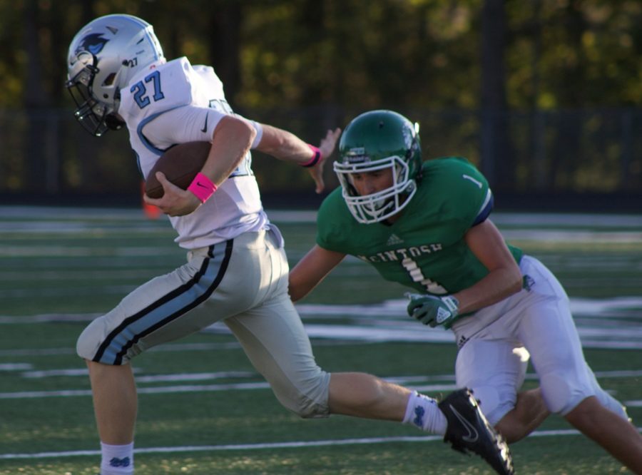 Freshman a-back Nathan Kearns stiff arms a McIntosh player to break free and run for a touchdown. The Starr’s Mill JV team successfully used their run game to defeat the McIntosh Chiefs and remain undefeated.