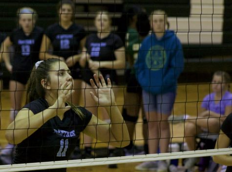 A Lady Panther prepares to set the ball. The volleyball team finished the day with a 3-1 record and ended in second place.