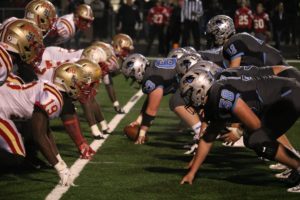 Rome and Starr’s Mill line up helmet-to-helmet. Rome’s defensive line featured three players committed to Division I universities. 