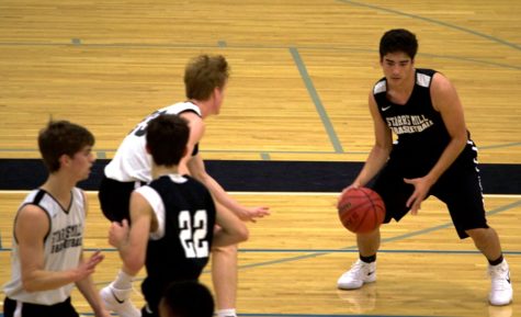 A Panther player in triple threat position. The Panthers’ season began with a scrimmage against Our Lady of Mercy in which the Panthers won 74-22.