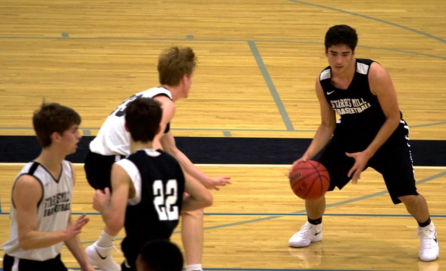 A Panther player in triple threat position. The Panthers’ season began with a scrimmage against Our Lady of Mercy in which the Panthers won 74-22.